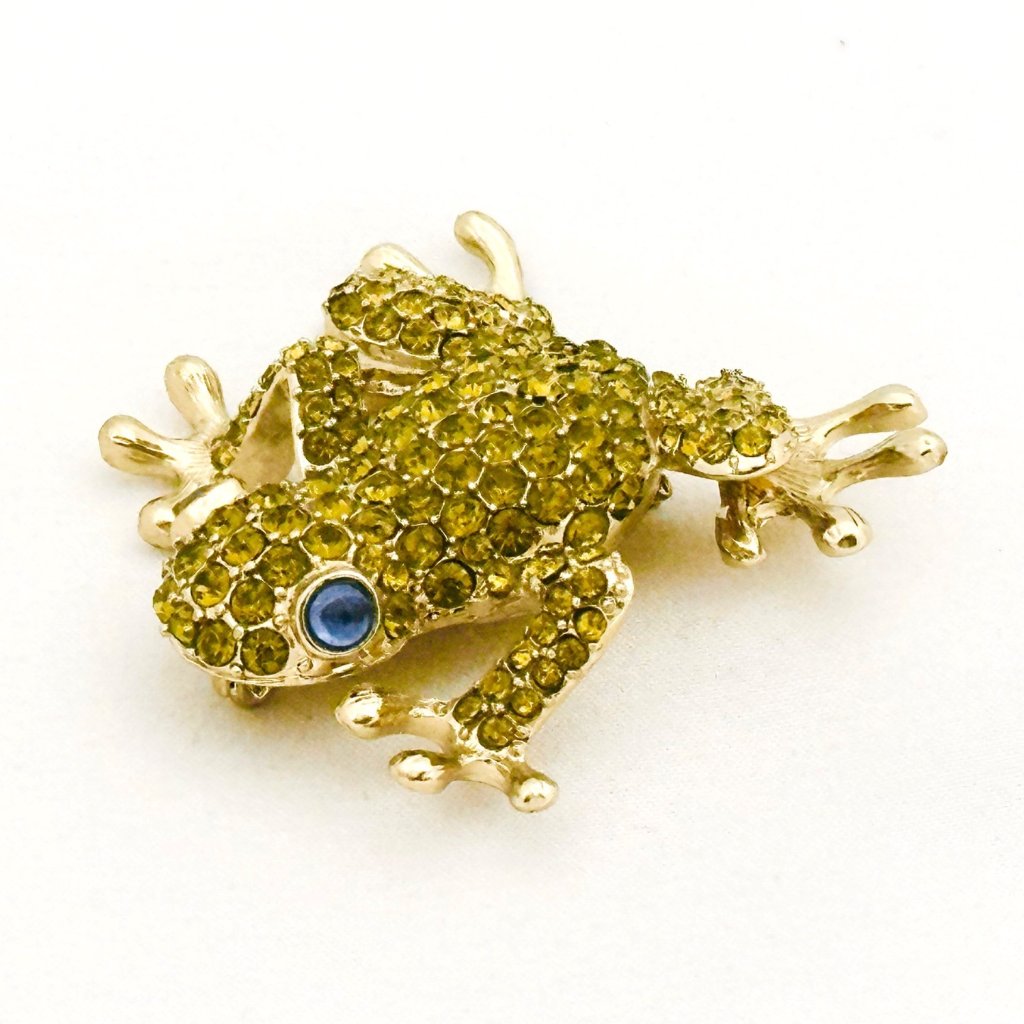 Pet Friends Gold Tone Frog Brooch Pin With Blue Eyes